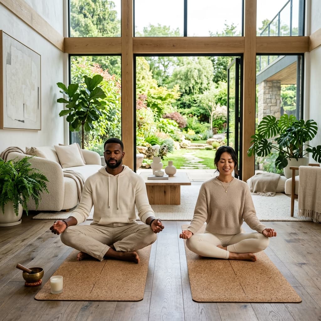 A couple meditating together in a bright modern living room