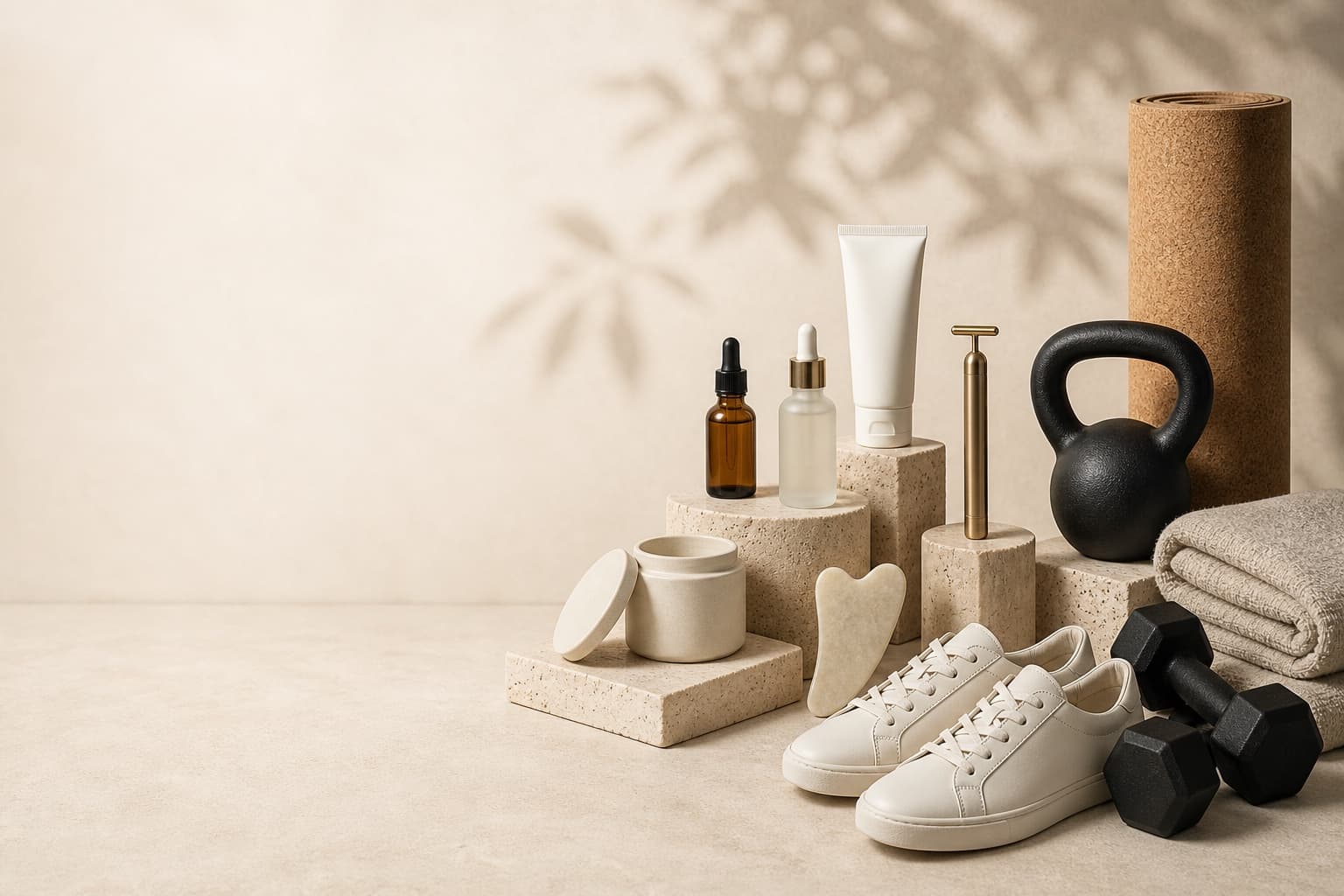 Skincare bottles, a brass facial wand, a cork yoga mat, a kettlebell, dumbbells and sneakers arranged on stone plinths