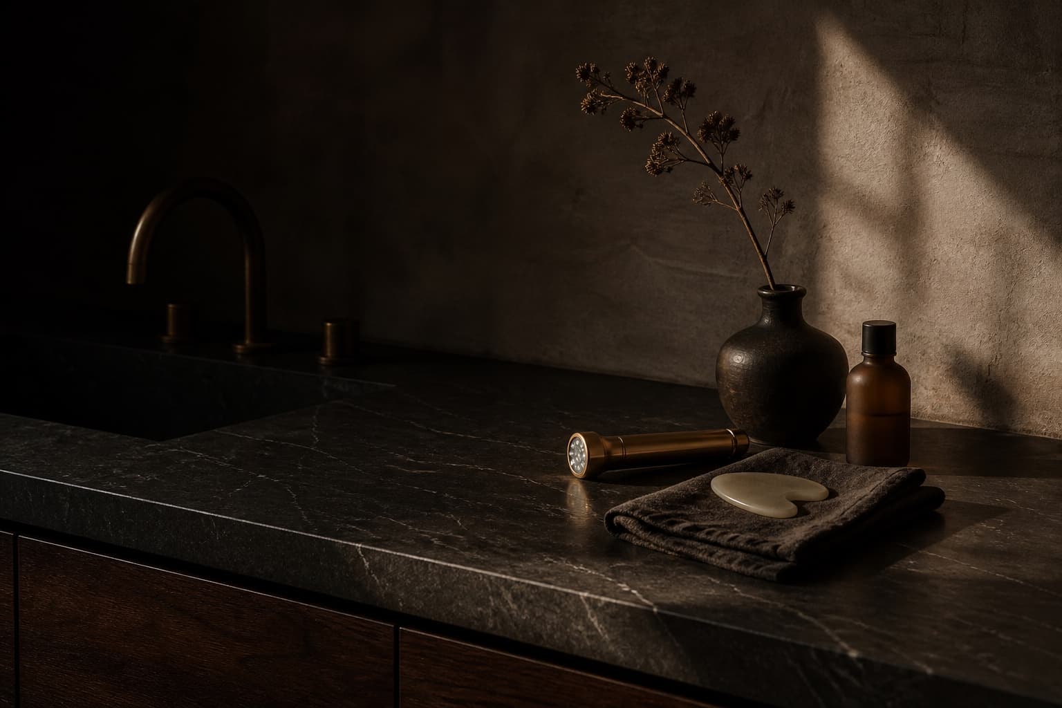 A brass LED wand and a stone gua sha on a dark stone vanity, lit by late afternoon window light
