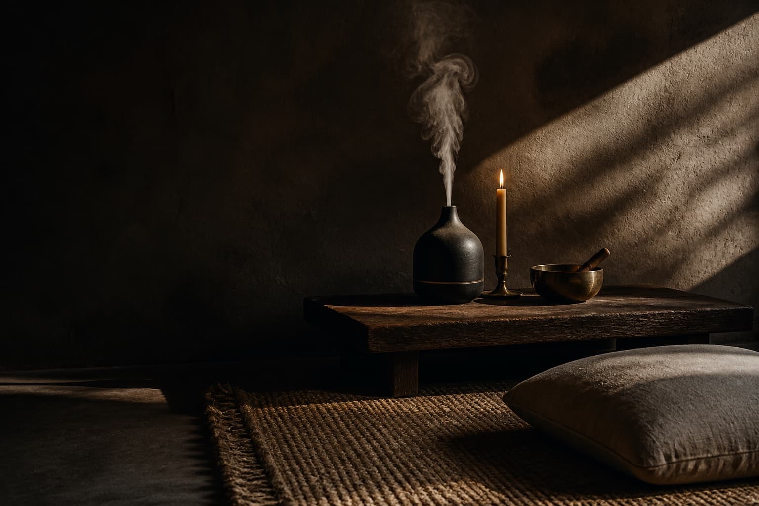 A ceramic diffuser, a lit taper candle and a brass singing bowl on a low walnut table
