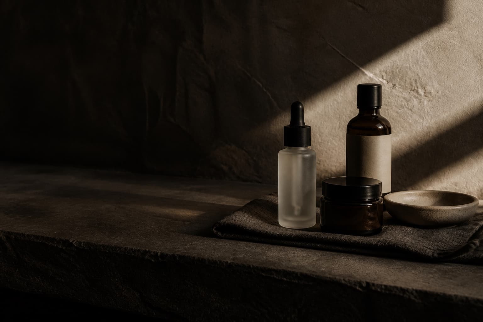Frosted and amber skincare bottles on a dark stone shelf, lit by a shaft of afternoon light