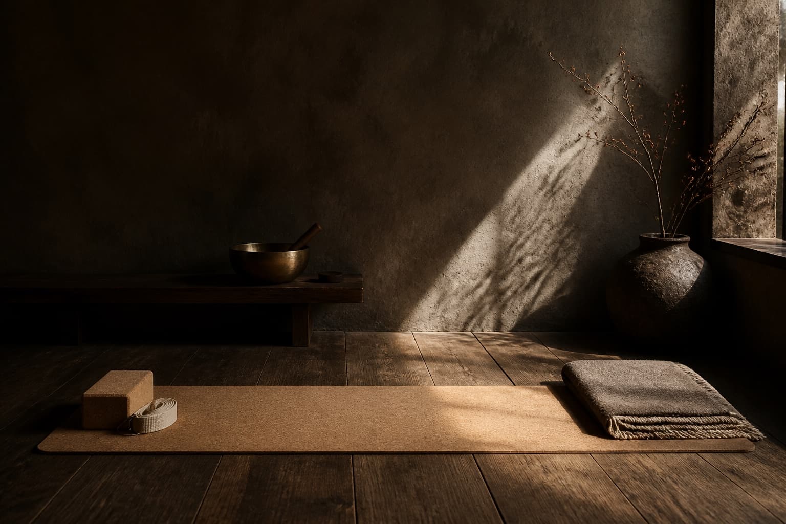 A cork yoga mat, block and strap on an oak floor, lit by a shaft of afternoon light