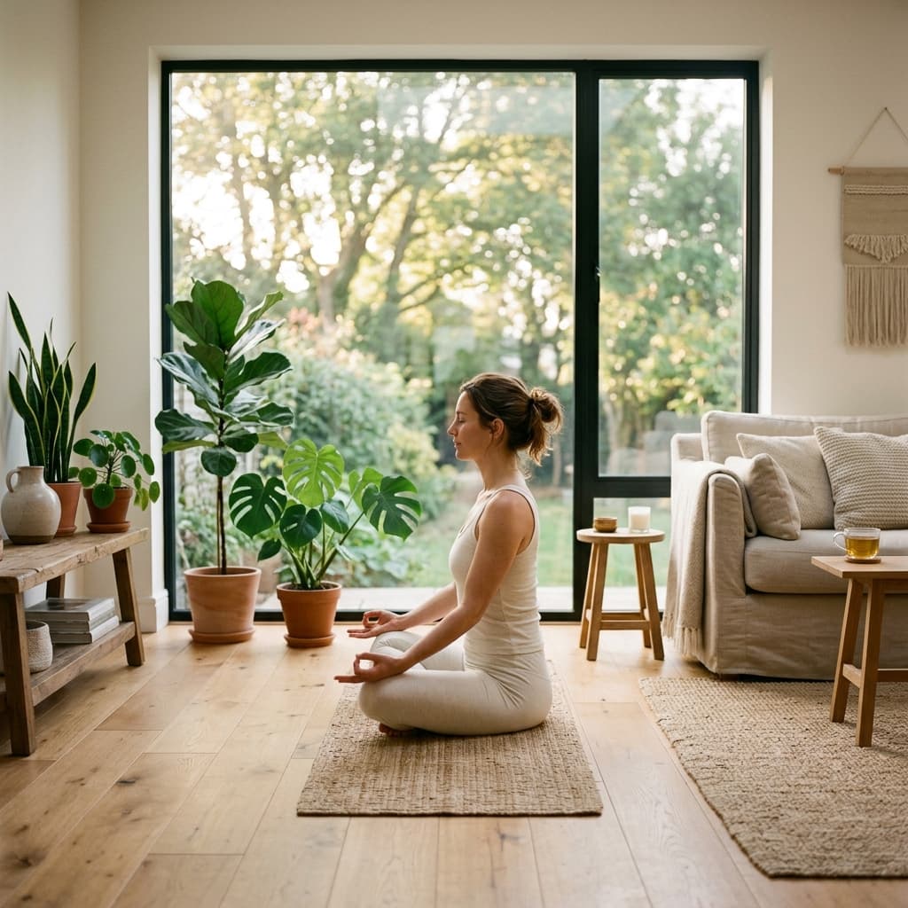 Woman doing yoga in a bright living room