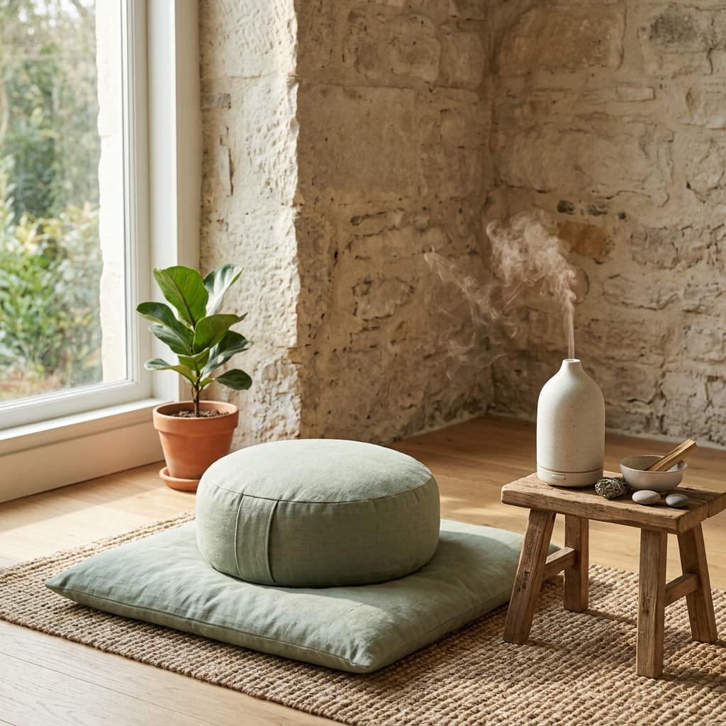 A linen meditation cushion on a wooden floor